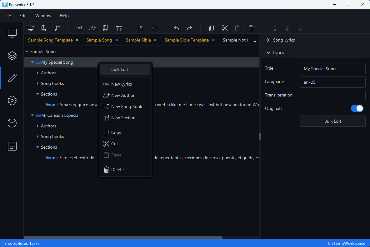 Song lyric bulk edit