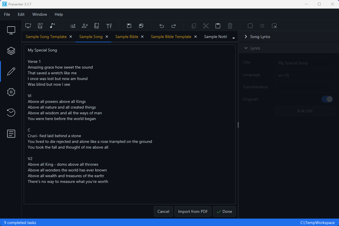 Song PDF import after clean up