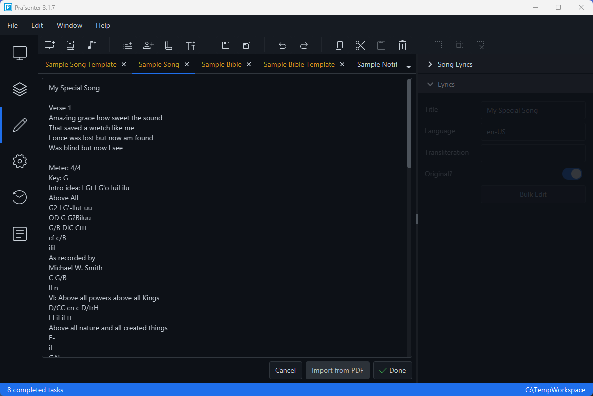 Song PDF import after import